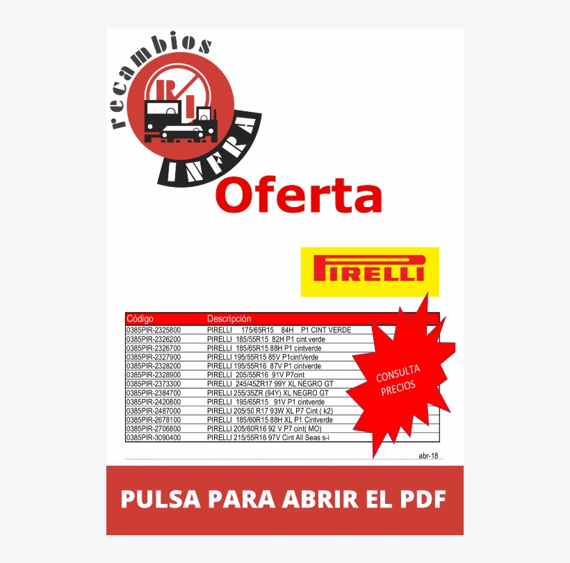 Recambios Infra Pirelli Oferta - Graphic Design, transparent png download