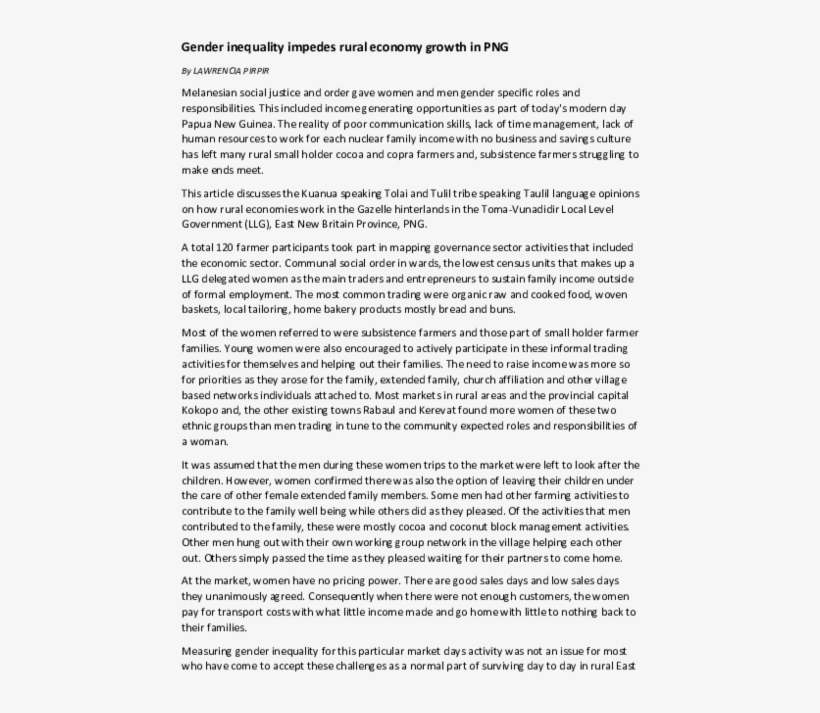 Gender Inequality Impedes Rural Economy Growth In Png - Document, transparent png download