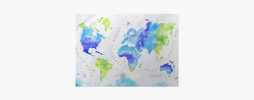 Art Print: Anna42f's Watercolor World Map Green Blue,, transparent png download