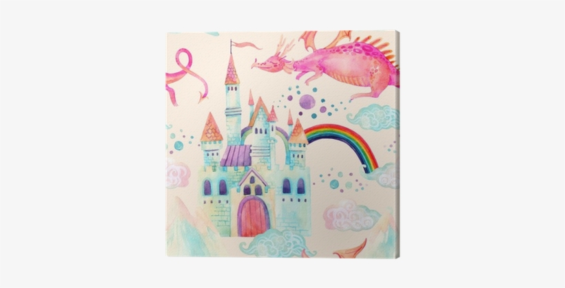 Watercolor Fairy Tale Seamless Pattern With Cute Dragon, - Cute Dragon And Castle, transparent png download