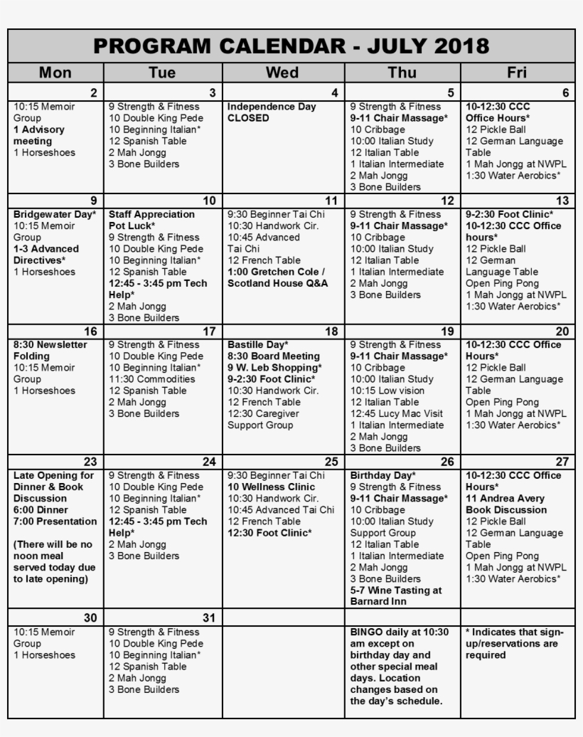 Program Calendar July 2018 - Document, transparent png download