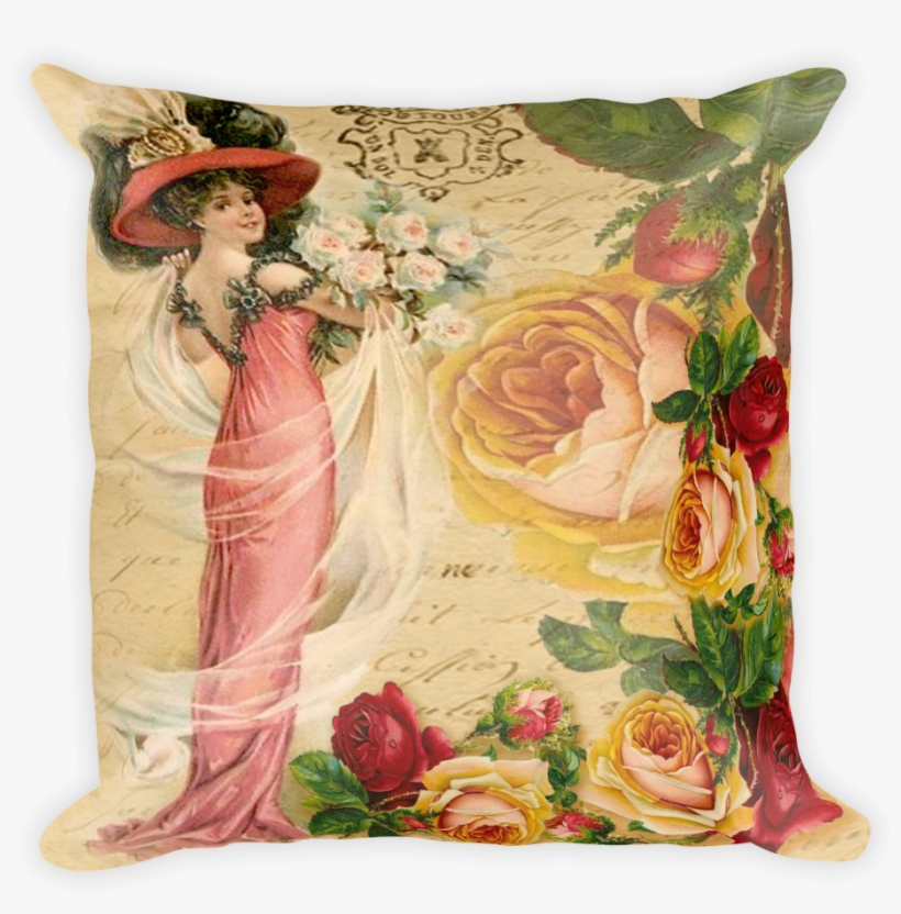 Vintage Rose Lady Pillow - Cushion, transparent png download