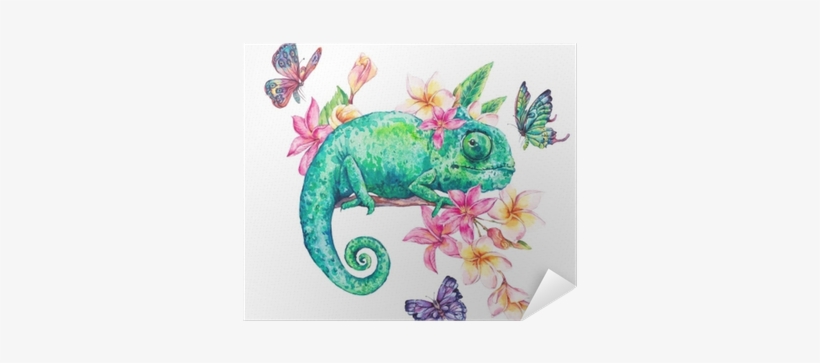 Watercolor Green Chameleon With Butterflies, Flowers - Watercolor Chameleon, transparent png download