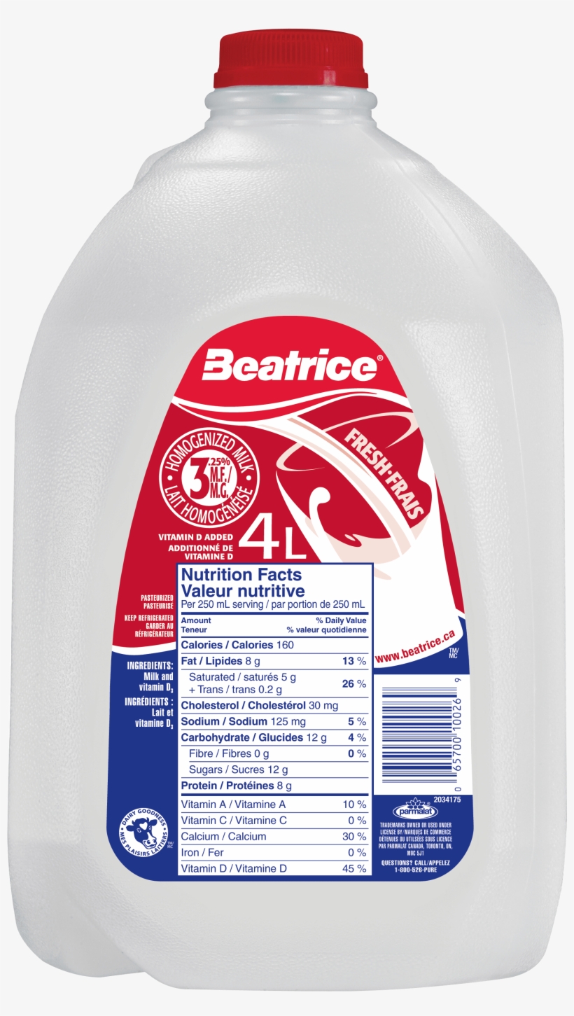 25% Homogenized Milk 4l - Beatrice Milk Nutrition Facts, transparent png download