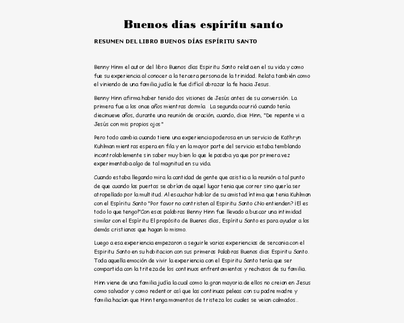 Buenos Días Espíritu Santo Resumen Del Libro Buenos - Document, transparent png download