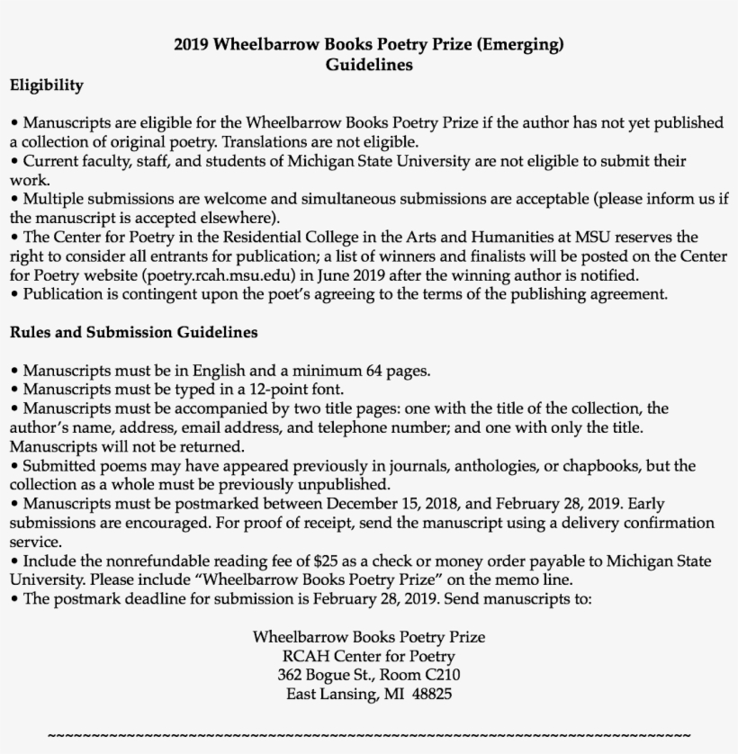 2019 Wheelbarrow Books Poetry Prize Guidelines Eligibility - Wheelbarrow Books, transparent png download