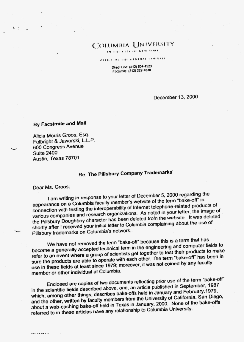 Letter From Columbia To Pillsbury, - Document, transparent png download