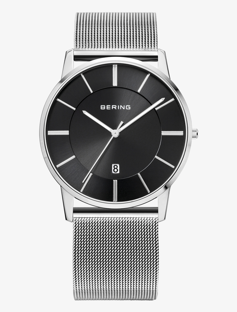 Reloj Minimalista Unisex Plateado Esfera Negra - Bering Hombre Correa Milanesa, transparent png download