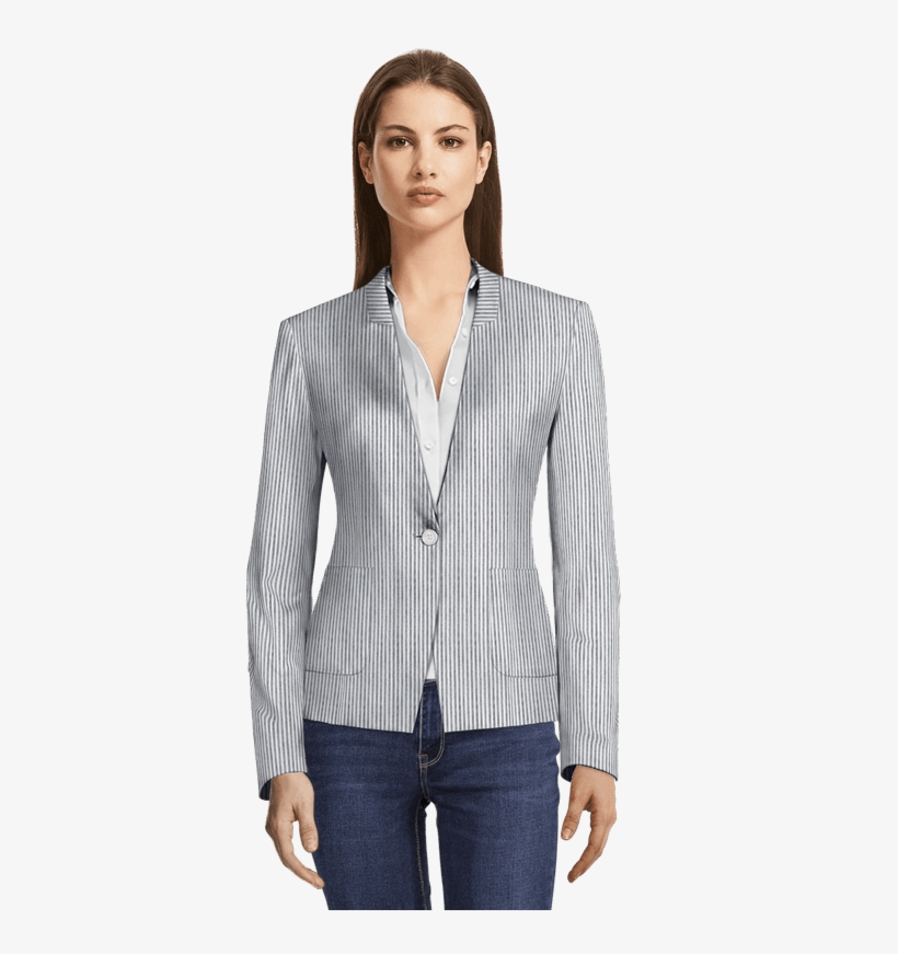 Grey Short Striped Seersucker Blazer Without Lapels-view - Lapel, transparent png download