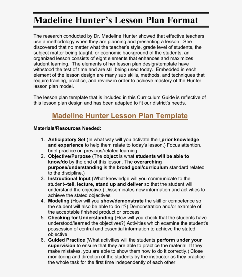 Microsoft Word Madeline Hunters Lesson Plan Format - Document, transparent png download