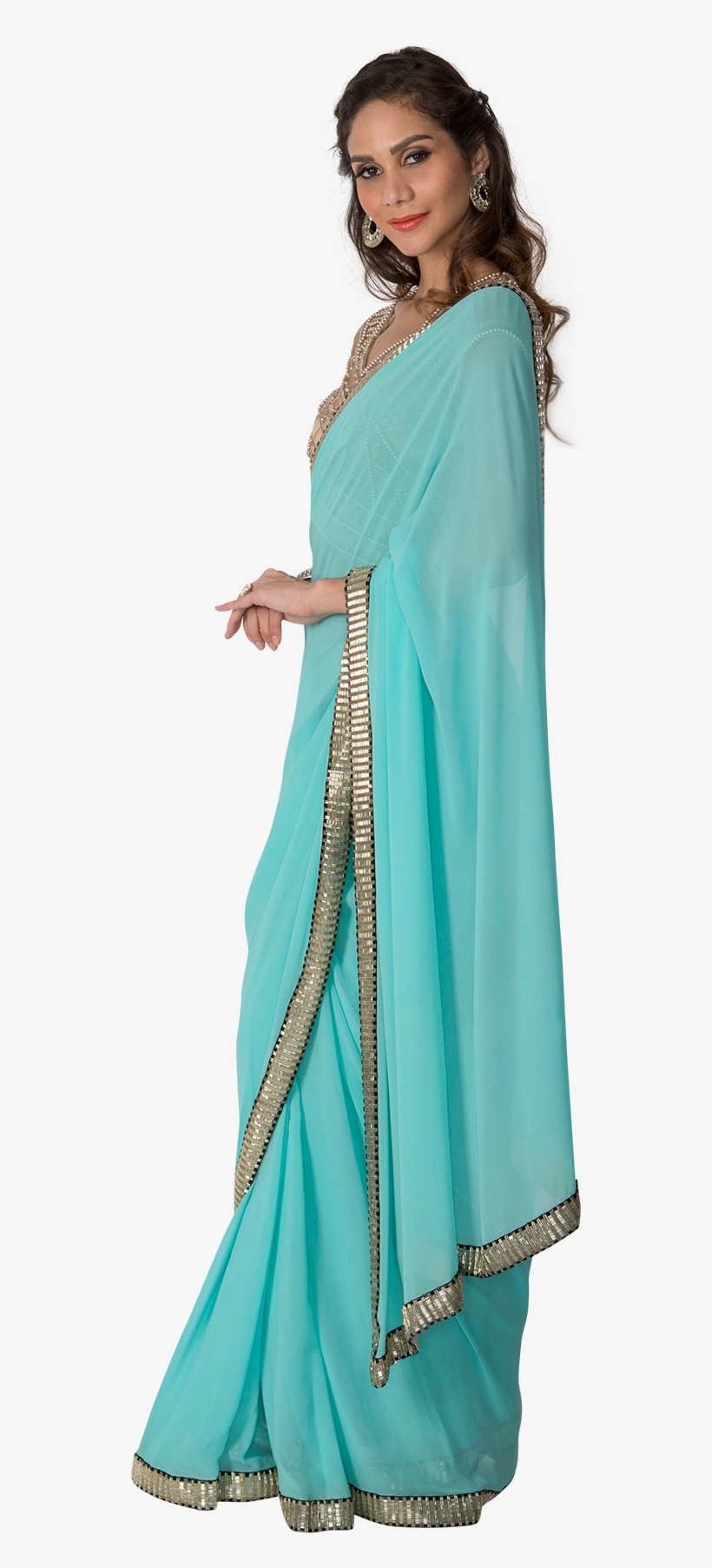 Sky Blue Saree With Gold Blouse By Sonaakshi Raaj - Photo Shoot, transparent png download