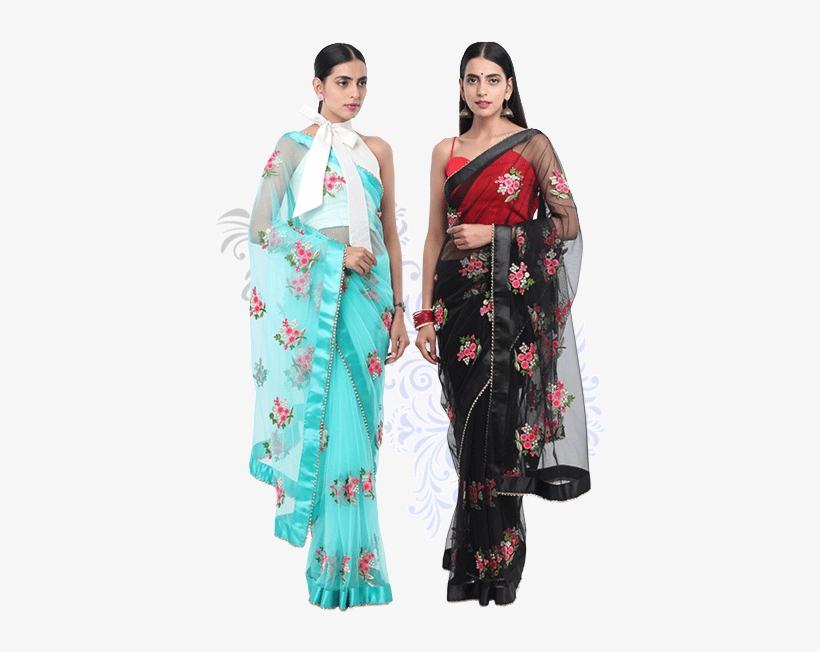 Embroidered Net Sarees Finished With Tropical Floral - Silk, transparent png download
