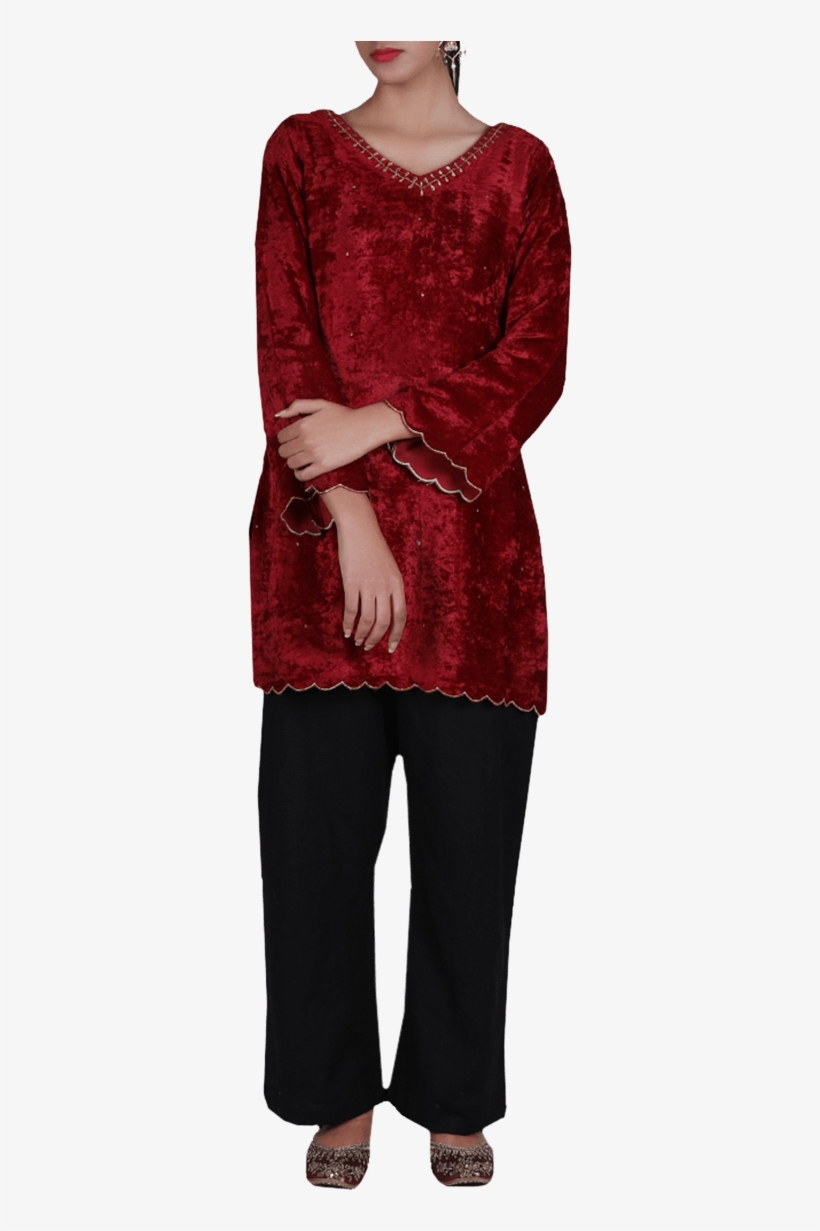 Red Flare Sleeved Zari Embroidered Chenille Kurta - Velvet, transparent png download