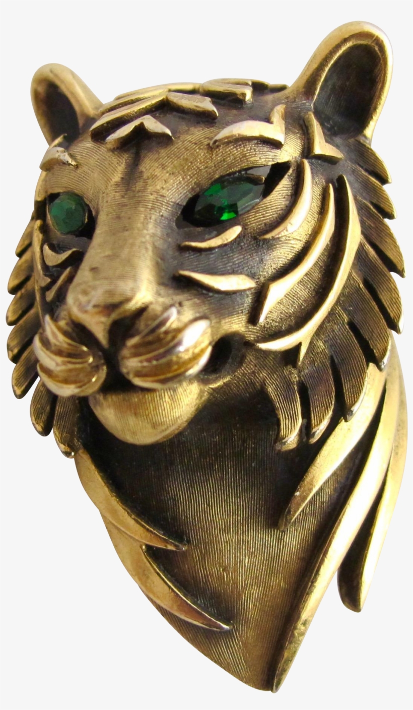 Vintage Trifari Antiqued Gold Tone Tiger Head Pin - Bronze Sculpture, transparent png download