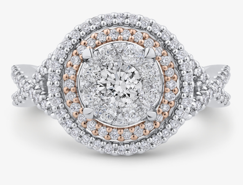 14k Two-tone Gold Round Diamond Double Halo Engagement - De Beers Halo Ring, transparent png download