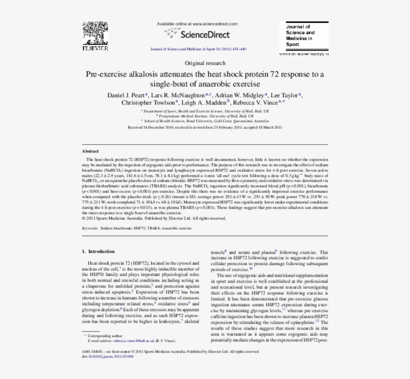 Pre Exercise Alkalosis Attenuates The Heat Shock Protein - Document, transparent png download