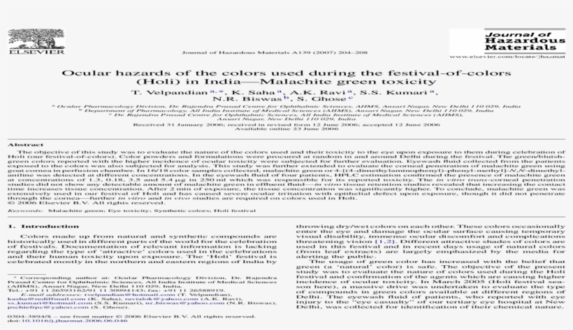 Ocular Hazards Of The Colors Used During The Festival - Document, transparent png download