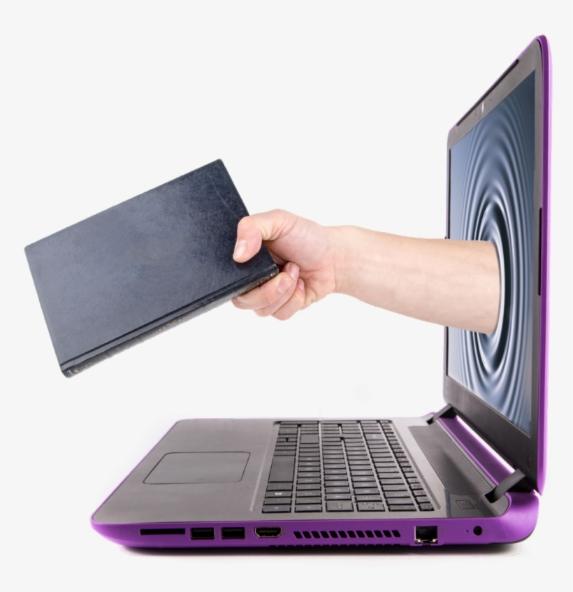 Hand Holding A Book Reaching Out Through A Computer - Advantages Of Internet, transparent png download