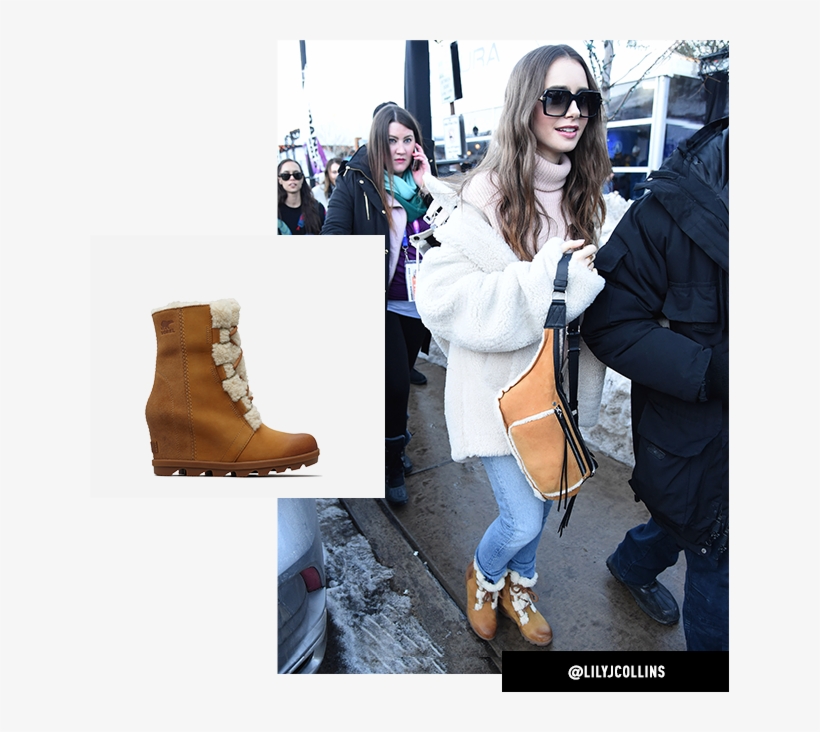 Lily Collins Wearing Joan Wedge Shearling Boots While - Girl, transparent png download
