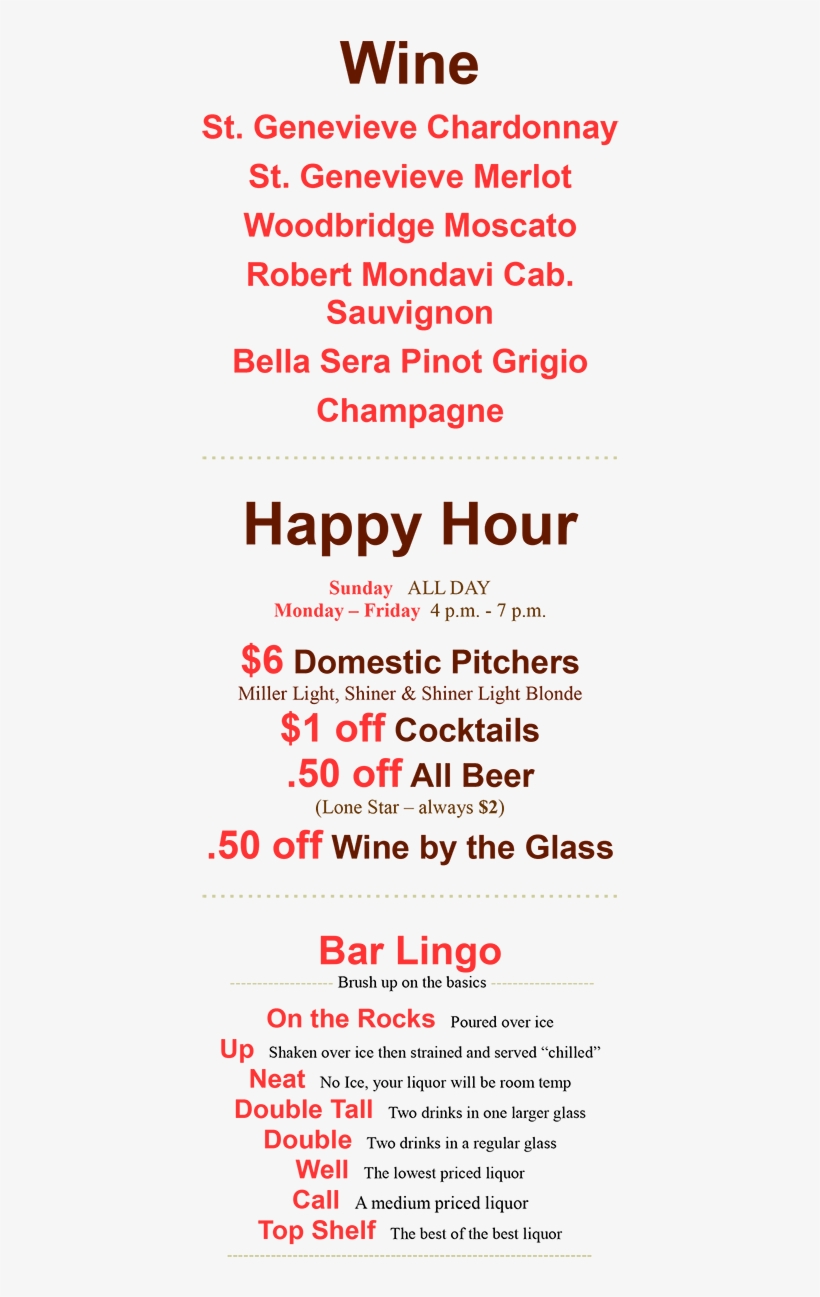 Drink Menu Wine Happy Hour - Carmine, transparent png download