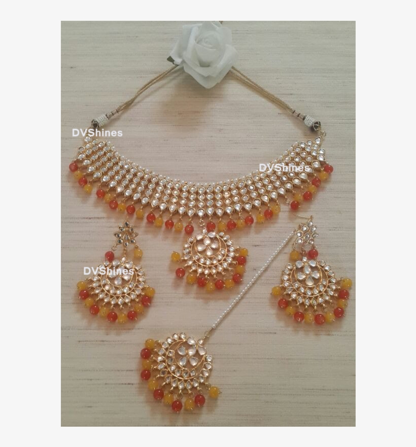 Kundan Choker In Adorable Yellow And Orange Combo,high - Necklace, transparent png download