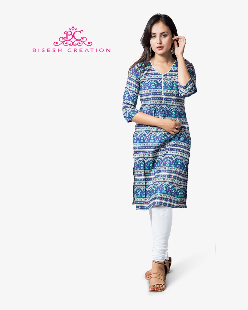 Blue Jaipuri Printed Pure Cotton Kurti With Cotton - Women Kurti And Leggings, transparent png download