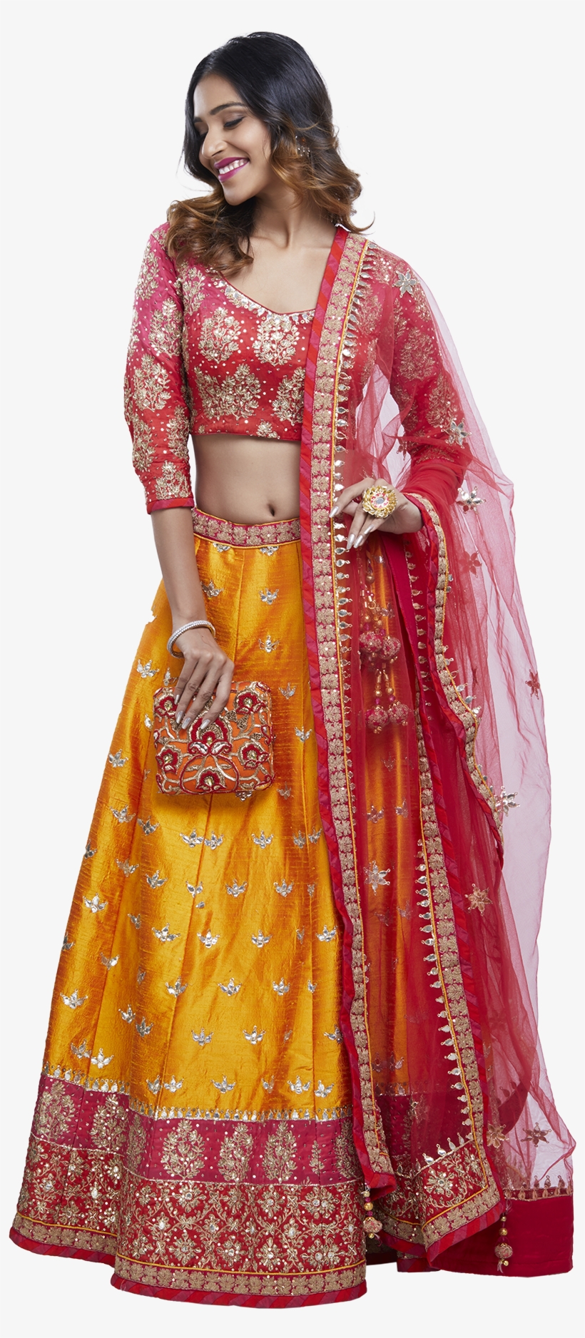 Pink And Saffron Lehenga Set - Silk, transparent png download