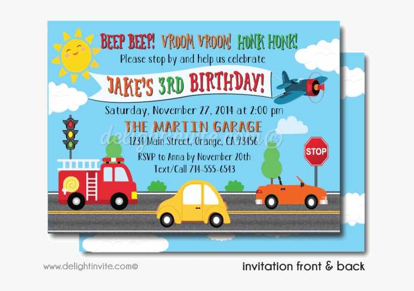 Planes, Cars, Fire Truck Transportation Invitations - City Car, transparent png download