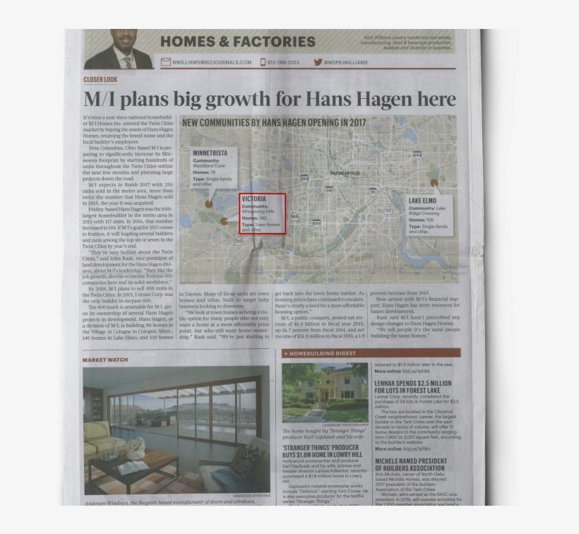M/i Homes Plans Big Growth For Hans Hagen In Twin Cities - Newsprint, transparent png download