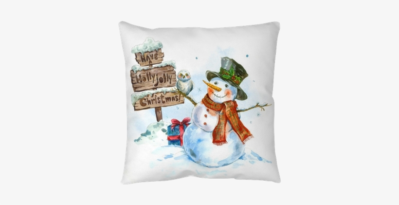 Watercolor Greeting Card With Snowman Throw Pillow - Watercolor Christmas Cards With Snowman, transparent png download