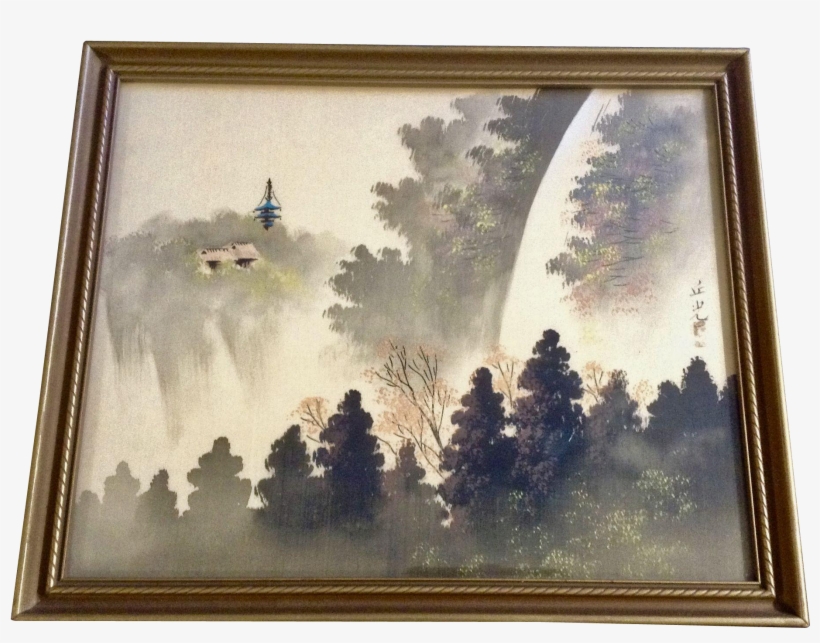 Asian Painting On Silk Pagoda Overlooking Waterfall - Painting, transparent png download