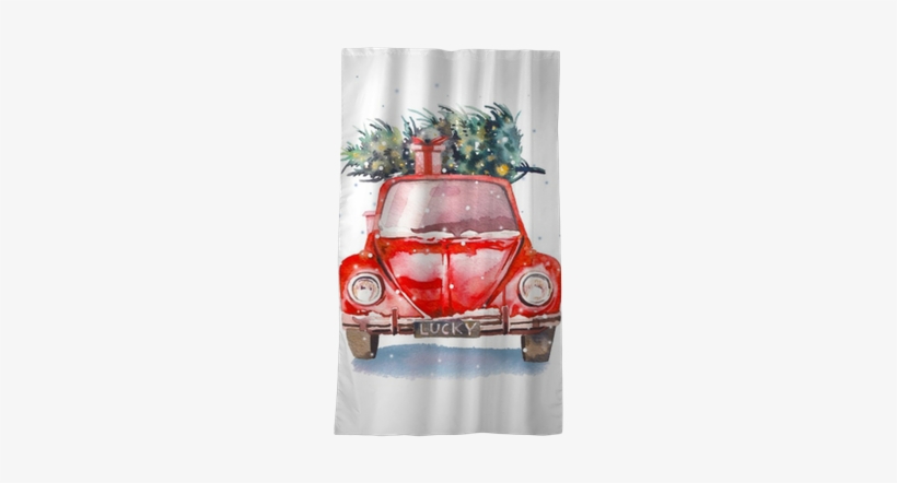 Watercolor Retro Car With Gift Box And Christmas Tree - Watercolor Christmas Tree Png, transparent png download