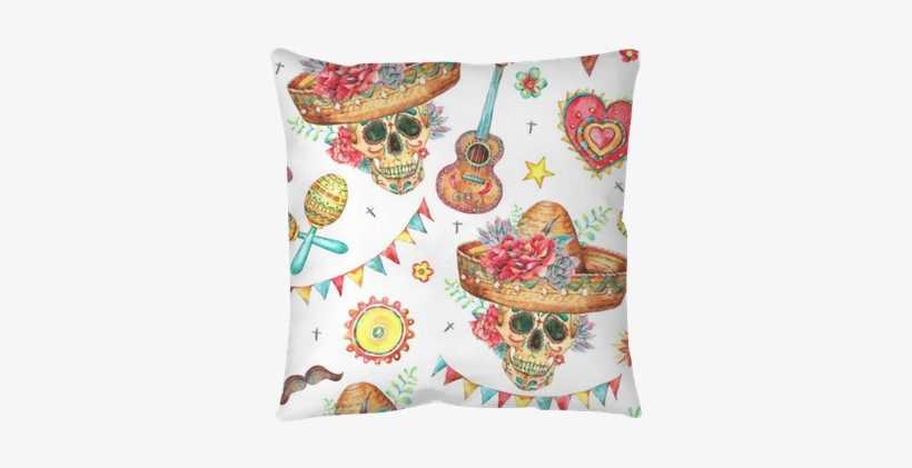 Watercolor Seamless Pattern With Skull In Sombrero - Watercolor Painting, transparent png download
