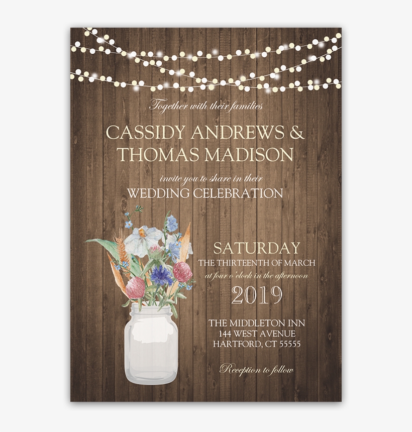 Rustic Mason Jar Wheat Wildflower Wedding Invitations - Png Mason Jar Lights, transparent png download