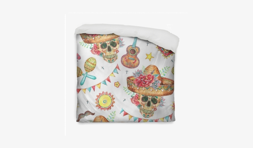 Watercolor Seamless Pattern With Skull In Sombrero - Watercolor Painting, transparent png download