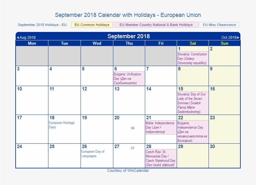 2018 September Printable Calendar Holidays - Fecha De Carnaval 2019 Ecuador, transparent png download