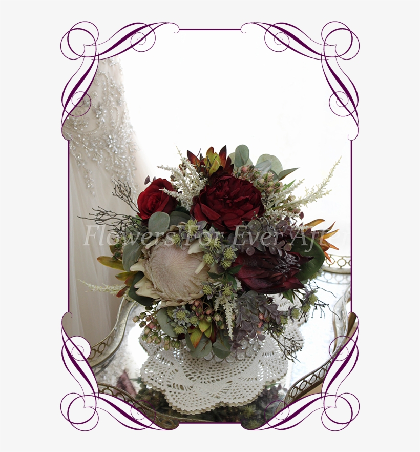 Silk Artificial Ivory And Burgundy Protea And Australian - Peony Rose And Dahlia Bouquet, transparent png download