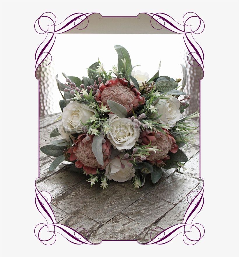 Dusty Pink Artificial Protea And Ivory White Silk Rose - Artificial White Roses Bridal Bouquet, transparent png download