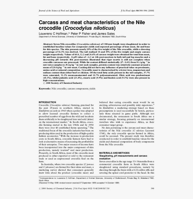 Carcass And Meat Characteristics Of The Nile Crocodile - Document, transparent png download