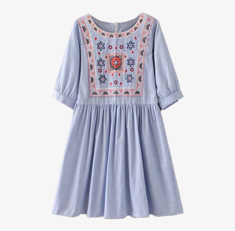 Striped Embroidered Smock Mini Dress - Blue Stripe With White Embroidery, transparent png download