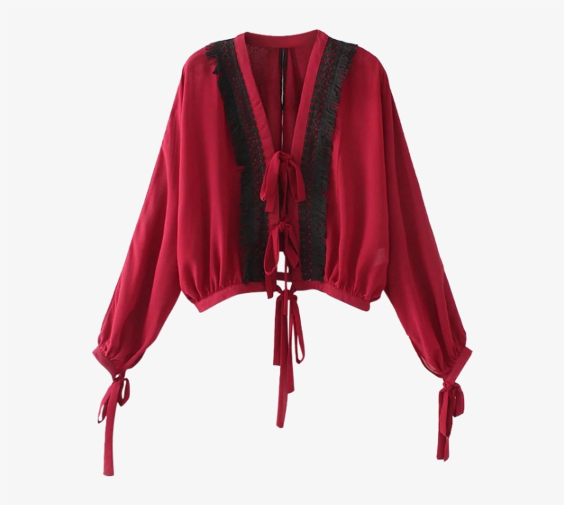 Contrast Lace Bow Tie Top - Cardigan, transparent png download