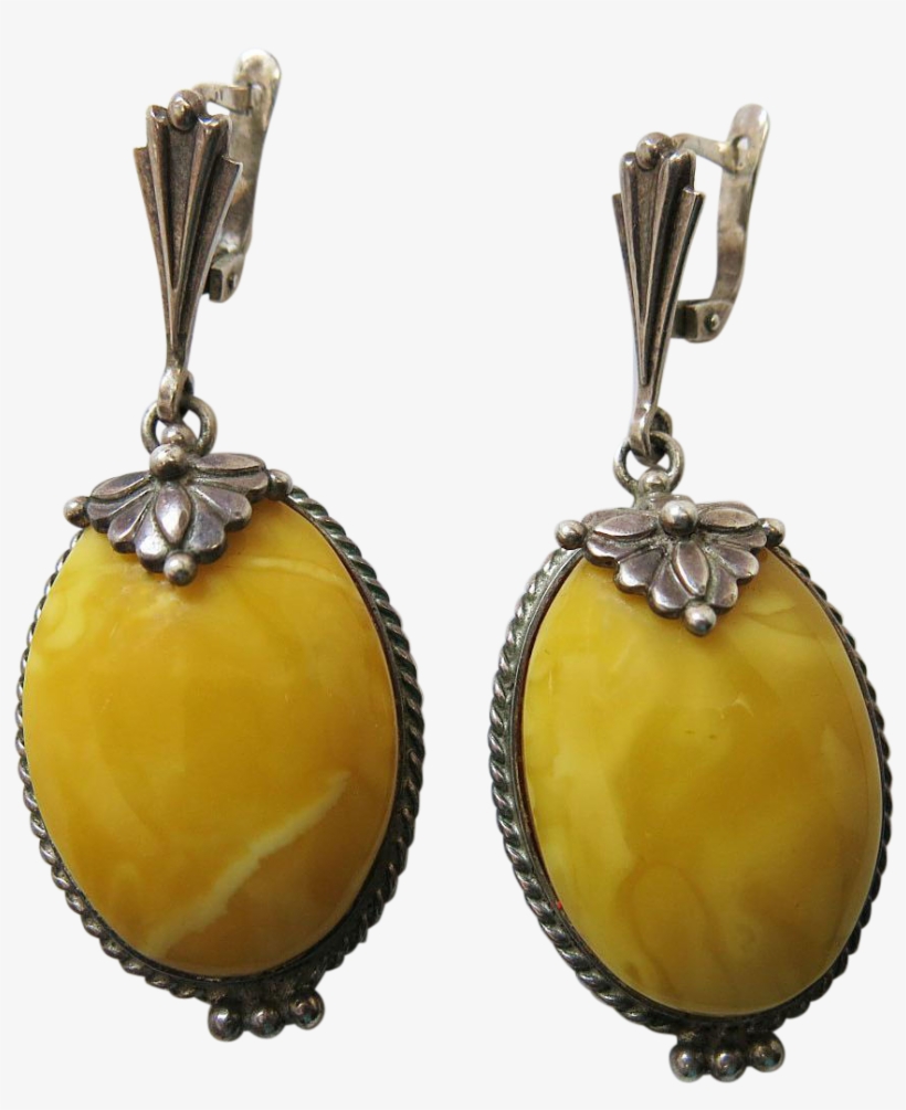 Vintage Silver And Egg Yolk Baltic Amber Lever-back - Earrings, transparent png download