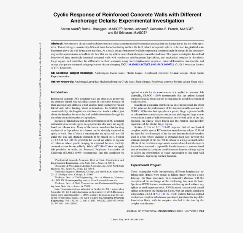 Cyclic Response Of Reinforced Concrete Walls With Different - Document, transparent png download