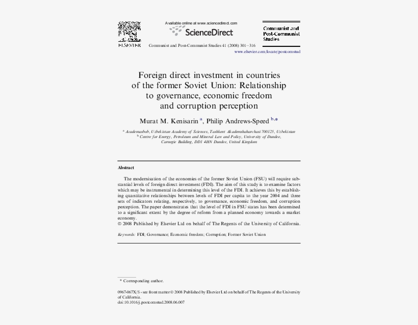Foreign Direct Investment In Countries Of The Former - Document, transparent png download