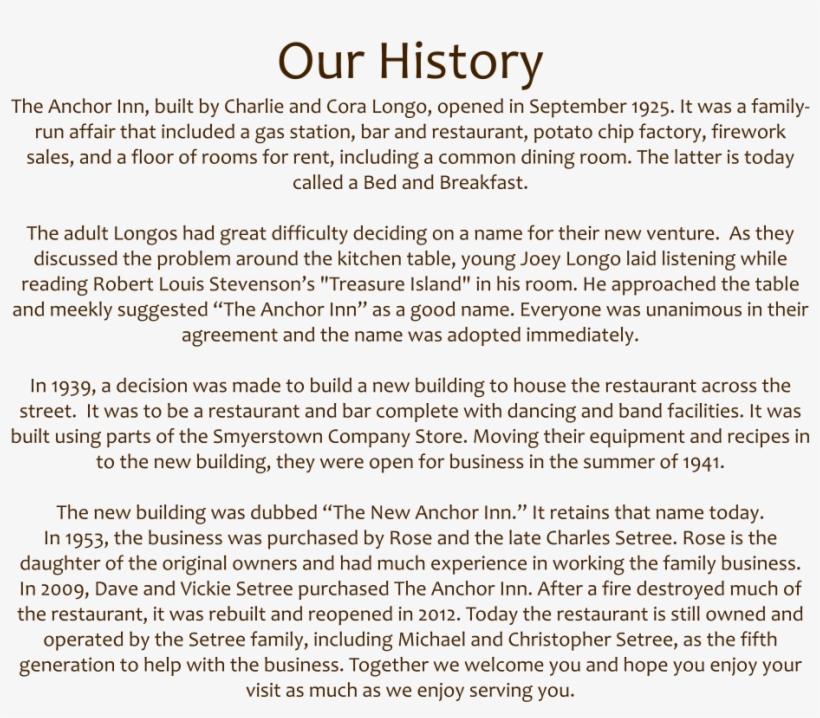 Our History The Anchor Inn, Built By Charlie And Cora - Document, transparent png download