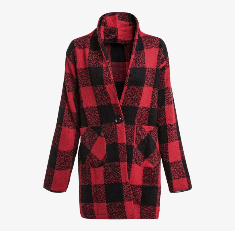 One Button Plaid Big Pocket Wool Coat - Moda De Color Rojo Y Negro, transparent png download