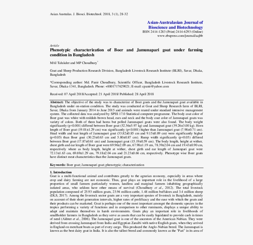 Phenotypic Characterization Of Boer And Jamunapari - Document, transparent png download