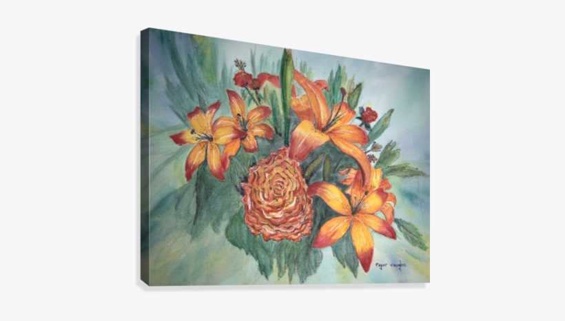 Day Lilies And Cabbage Rose Canvas Print - Bouquet, transparent png download