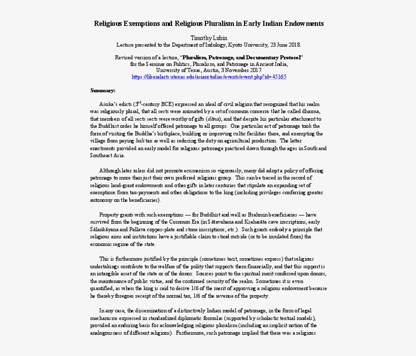 Religious Exemptions And Religious Pluralism In Early - Document, transparent png download