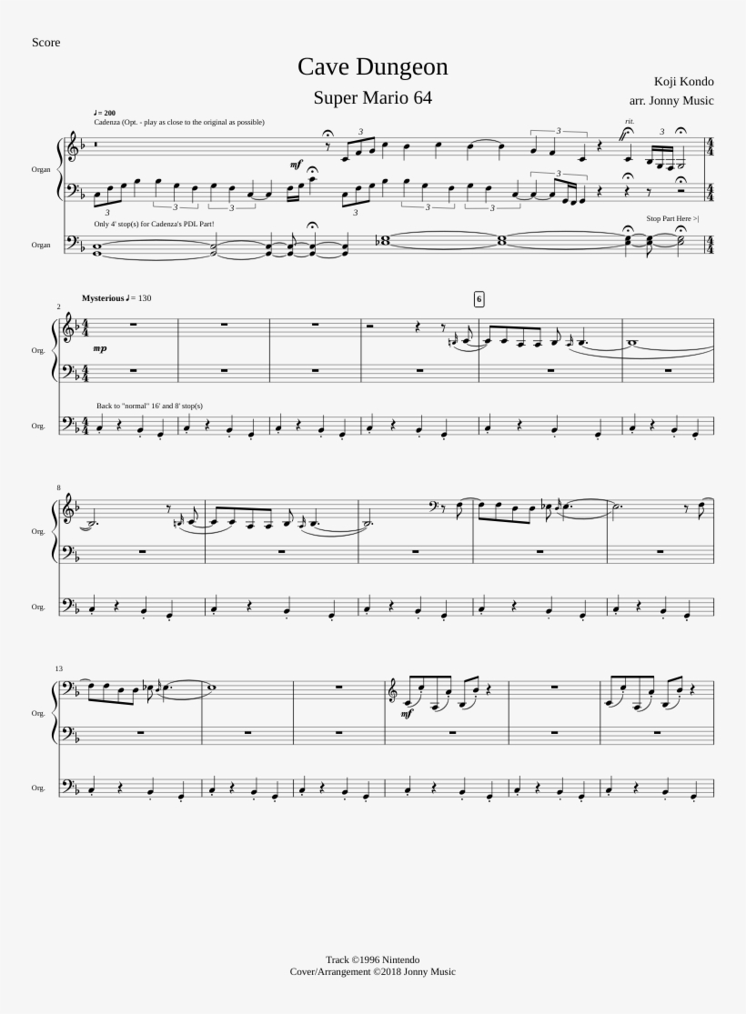 Cave Dungeon Super Mario 64 Organ Cover - Sheet Music, transparent png download